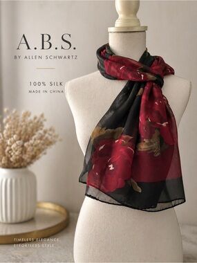 A.B.S. Allen Schwartz 100% Silk Square Scarf Burgundy Floral Luxe